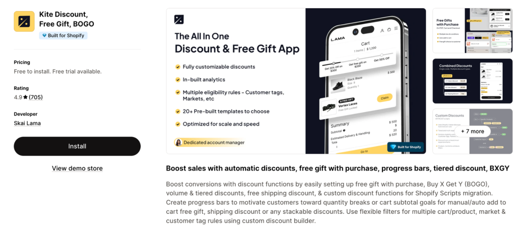 The Kite Discount, Free Gift, BOGO listing on the Shopify App Store, rated 4.9 from 705 reviews.