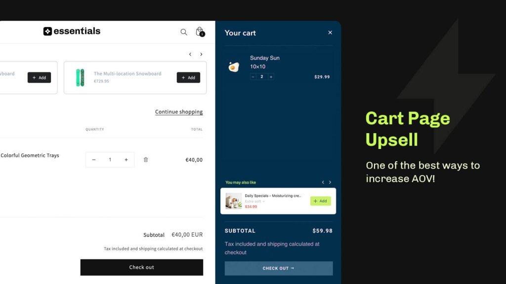 Essential Shopify cart page upsell.