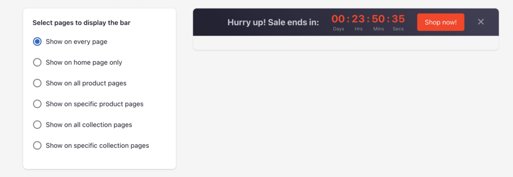 Top bar countdown timer placement options.