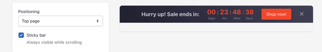 Shopify sticky top bar countdown timer.