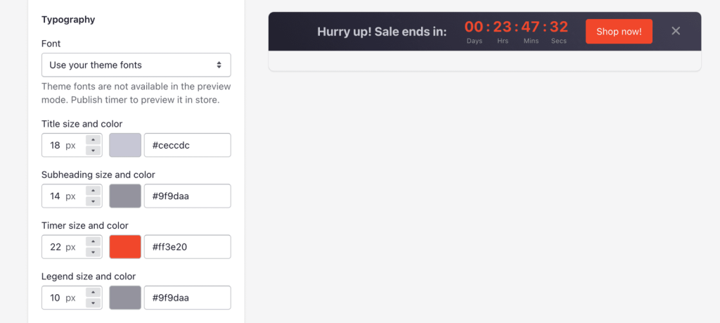 Editing shopify top bar countdown fonts and colors.