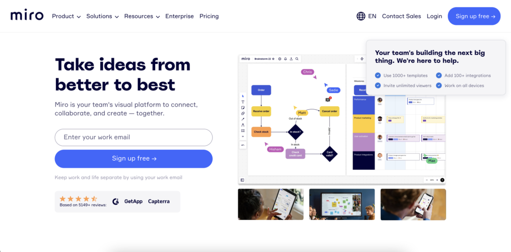 Miro's landing page makes use of visually appealing graphics to communicate its benefits.