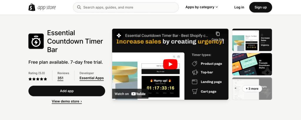 Essential countdown timer bar on shopify app store.