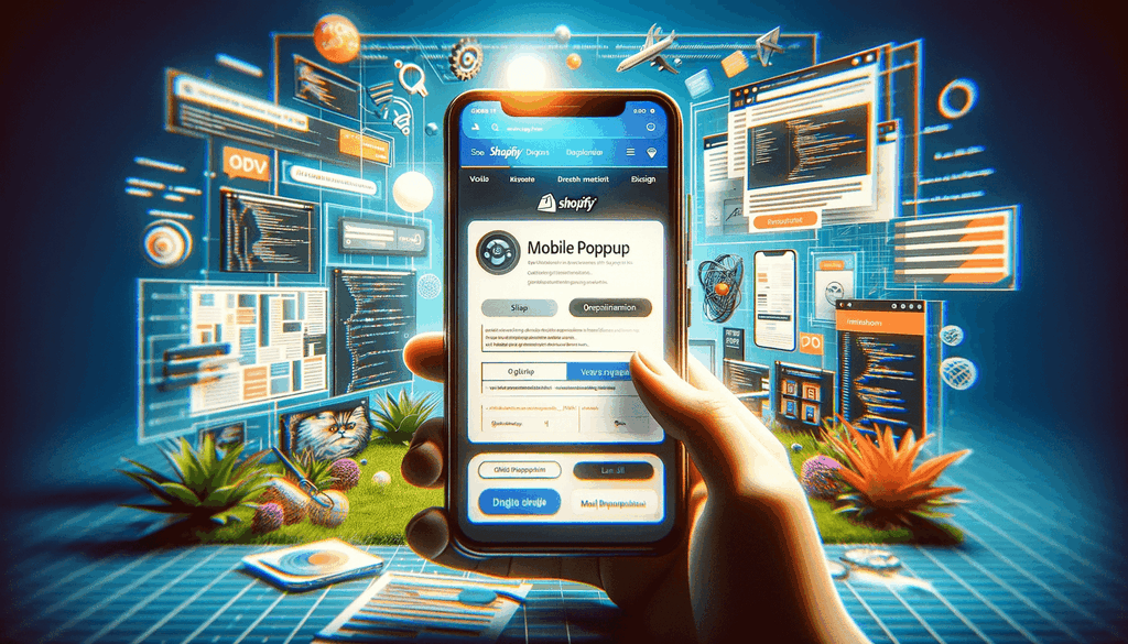 Digital composition showcases a smartphone displaying an optimized Shopify popup for mobile use, set against a background that symbolizes mobile optimization with elements like code snippets and layout grids.