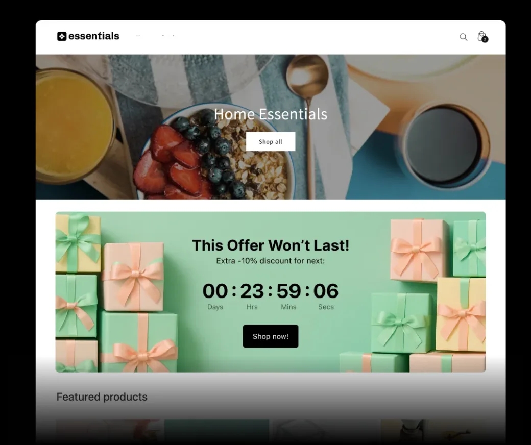 A landing page offer banner with a countdown and an extra 10% discount, above featured products