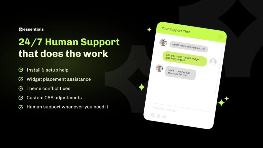 A support chat adjusting a gift widget style, beside offers of install help, placement assistance and theme conflict fixes.
