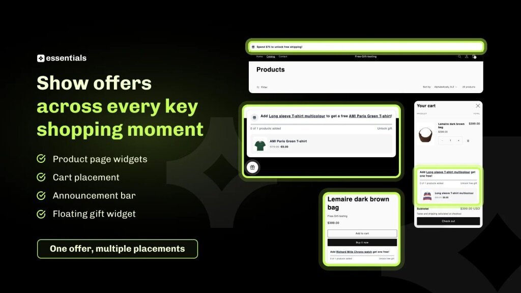 Gift offer placements across product page widgets, the cart, an announcement bar and a floating gift widget.