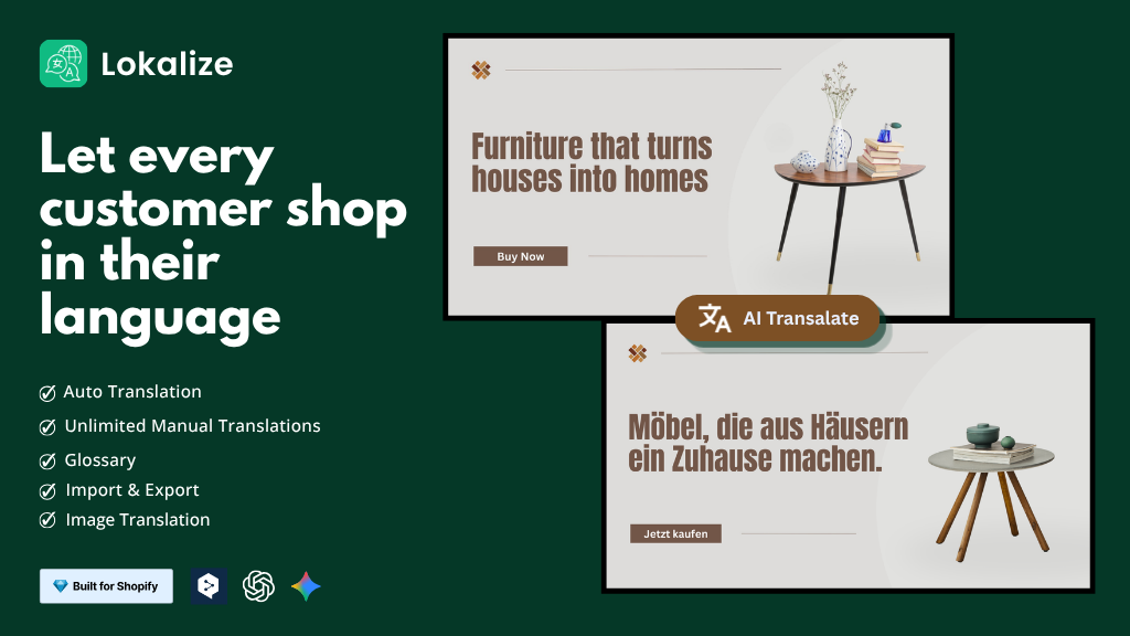 Lokalize AI translation turning an English furniture banner into German, with auto translation and glossary features.