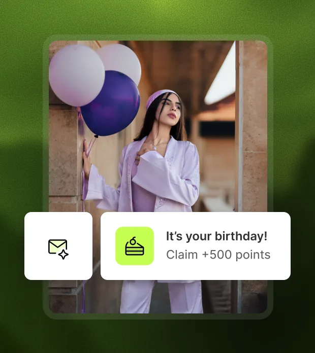 A birthday email prompt offering 500 points to claim, over a photo of a person holding balloons