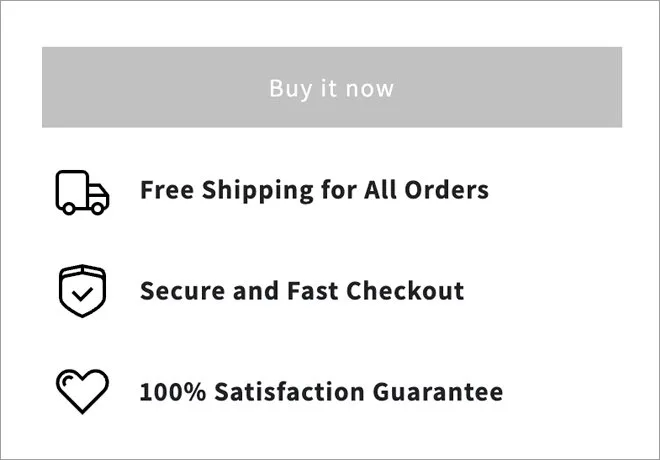 Product feature icons under a Buy it now button promising free shipping, secure checkout and a satisfaction guarantee