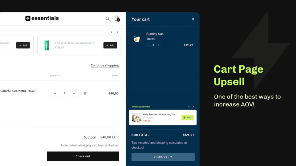 A cart page and a cart drawer, each showing a You may also like cross-sell offer with an Add button