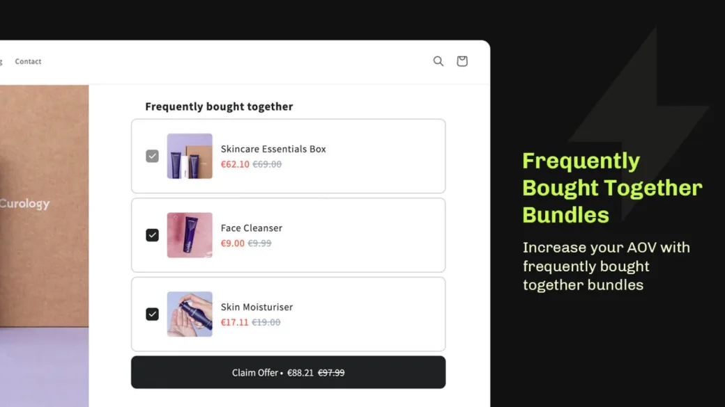 A Frequently bought together bundle on a Shopify product page, three items checked with a discounted Claim Offer total