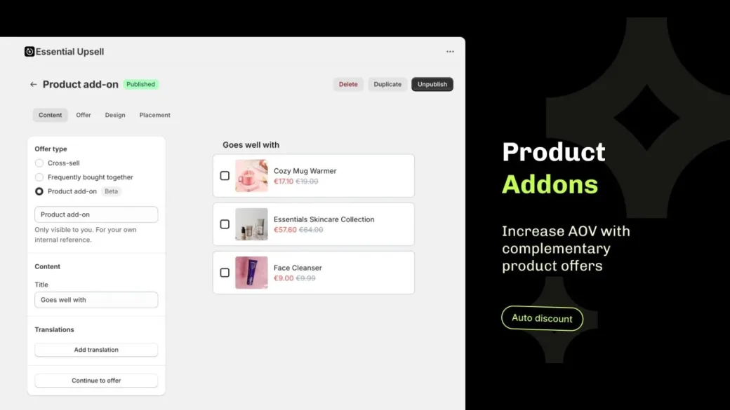Product add-on settings beside three complementary offers: a mug warmer, a skincare collection and a face cleanser