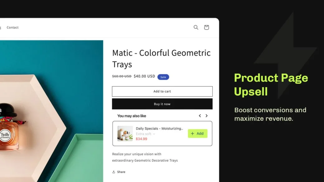 A geometric trays product page with a You may also like upsell offer under the buy buttons