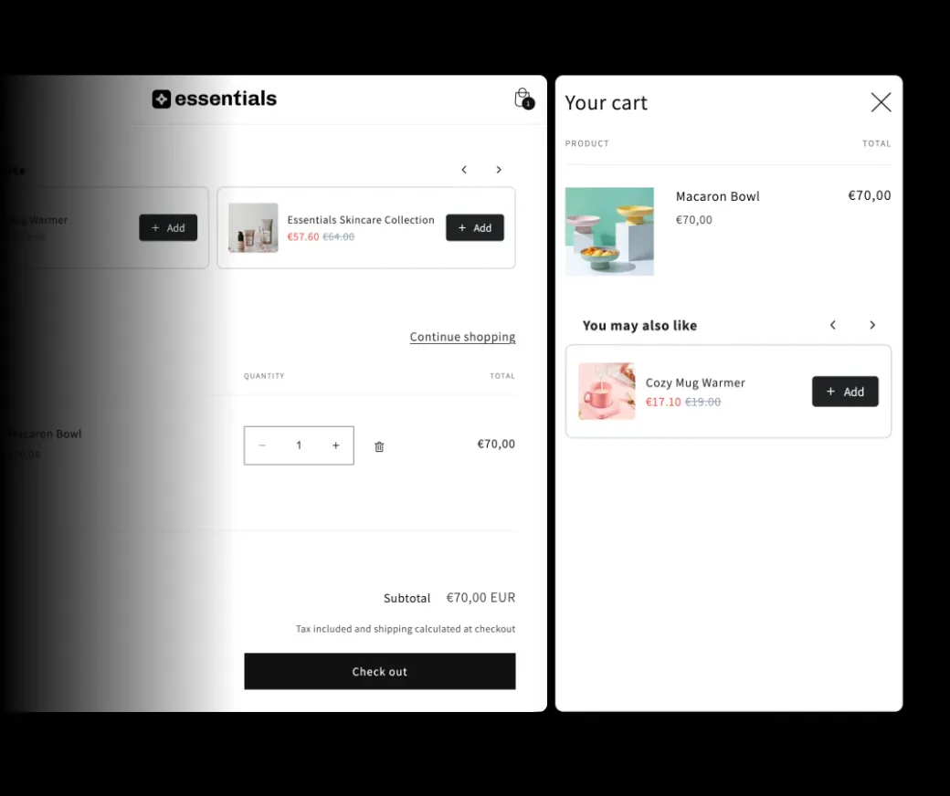 A cart page and a cart drawer, each showing a You may also like offer with an Add button